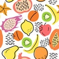 Seamless pattern with the image of abstract fruits, slices, seeds.
